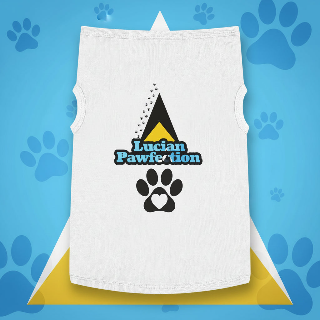 A dog wearing a gray tank top with 'Pawfection' and a paw print design.