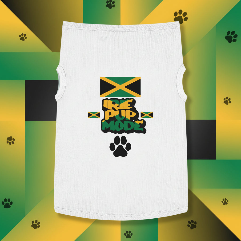 White sleeveless shirt with Jamaican flag design and 'The Pup Mode' text on a white background