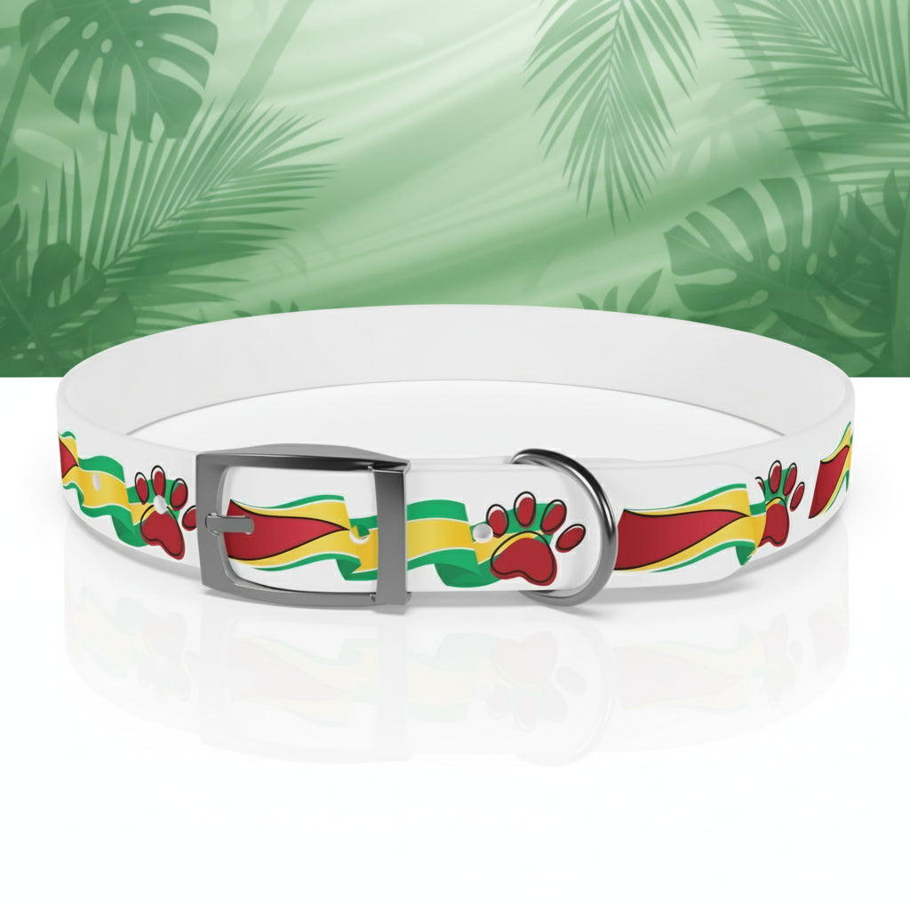 White dog collar with red, green, and yellow paw prints on a white background