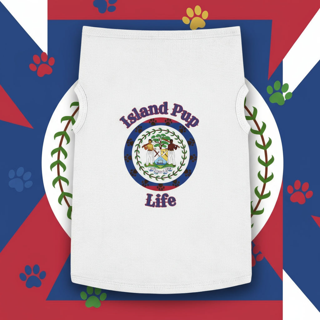 White sleeveless shirt with 'Island Pup Life' graphic against a tropical background with palm trees and blue sky.