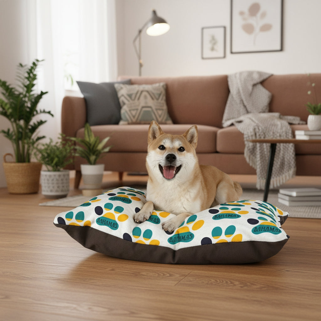 Dog sitting on a patterned dog bed with a white background