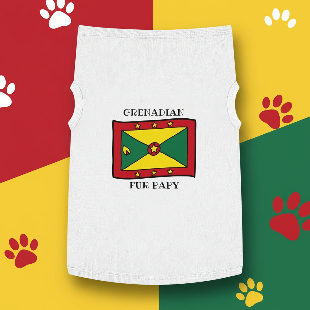 A dog wearing a white tank top with a Grenada flag design and the text 'GRENADIAN FUR BABY' on it.