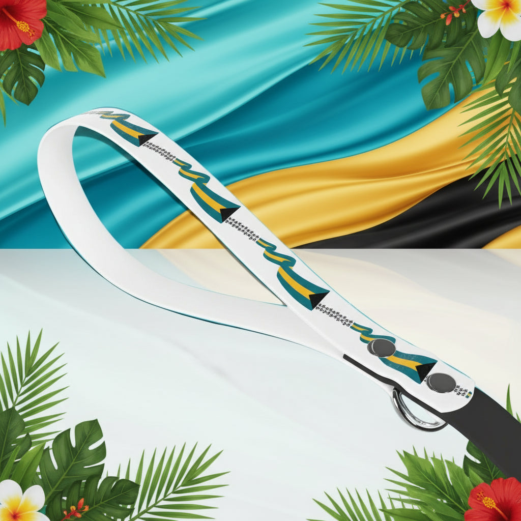 White dog leash with decorative patterns on a white background