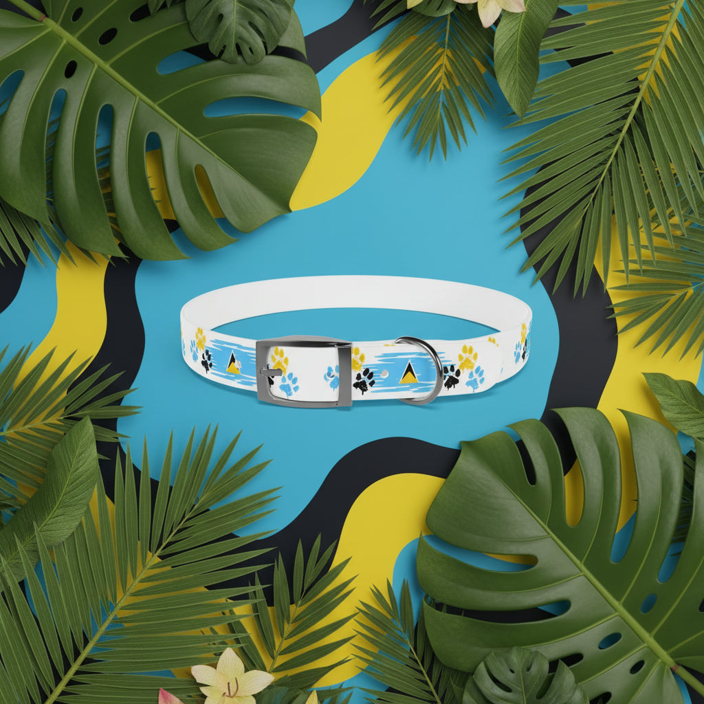 A colorful Lucian Luxe pet collar with a geometric pattern featuring St. Lucia flag elements and a buckle clasp.