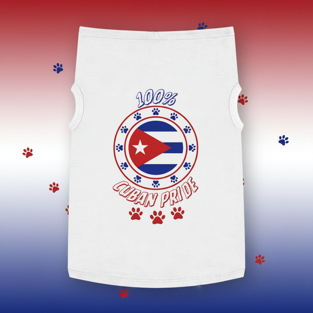 A dog wearing a gray tank top with '100% Cuban Pride' printed on the front.