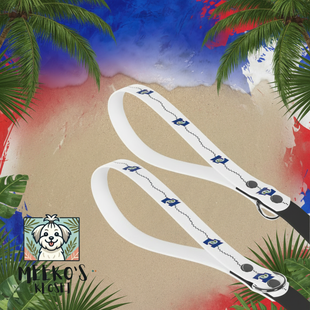 White dog leash with blue patterns on a sandy beach with ocean waves.