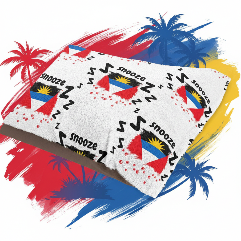 Beach towel with flag design and 'snooze' text on a sandy background