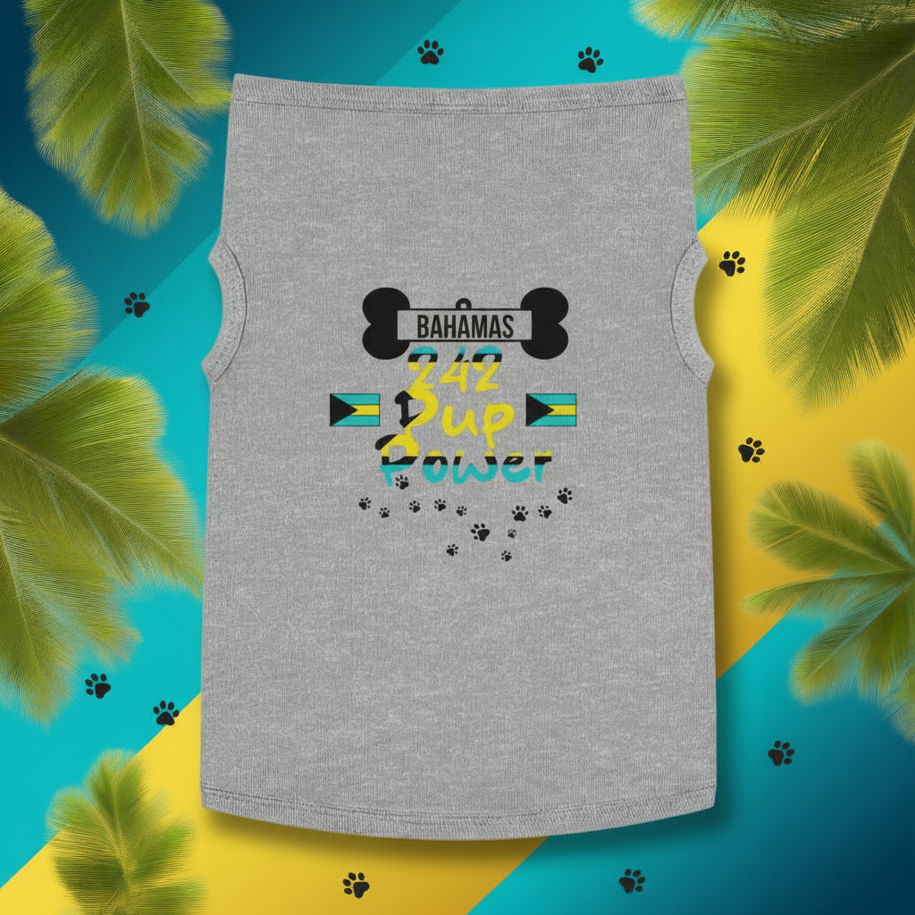 Gray sleeveless shirt with 'Bahamas 424 Up Power' text and graphics on a white background