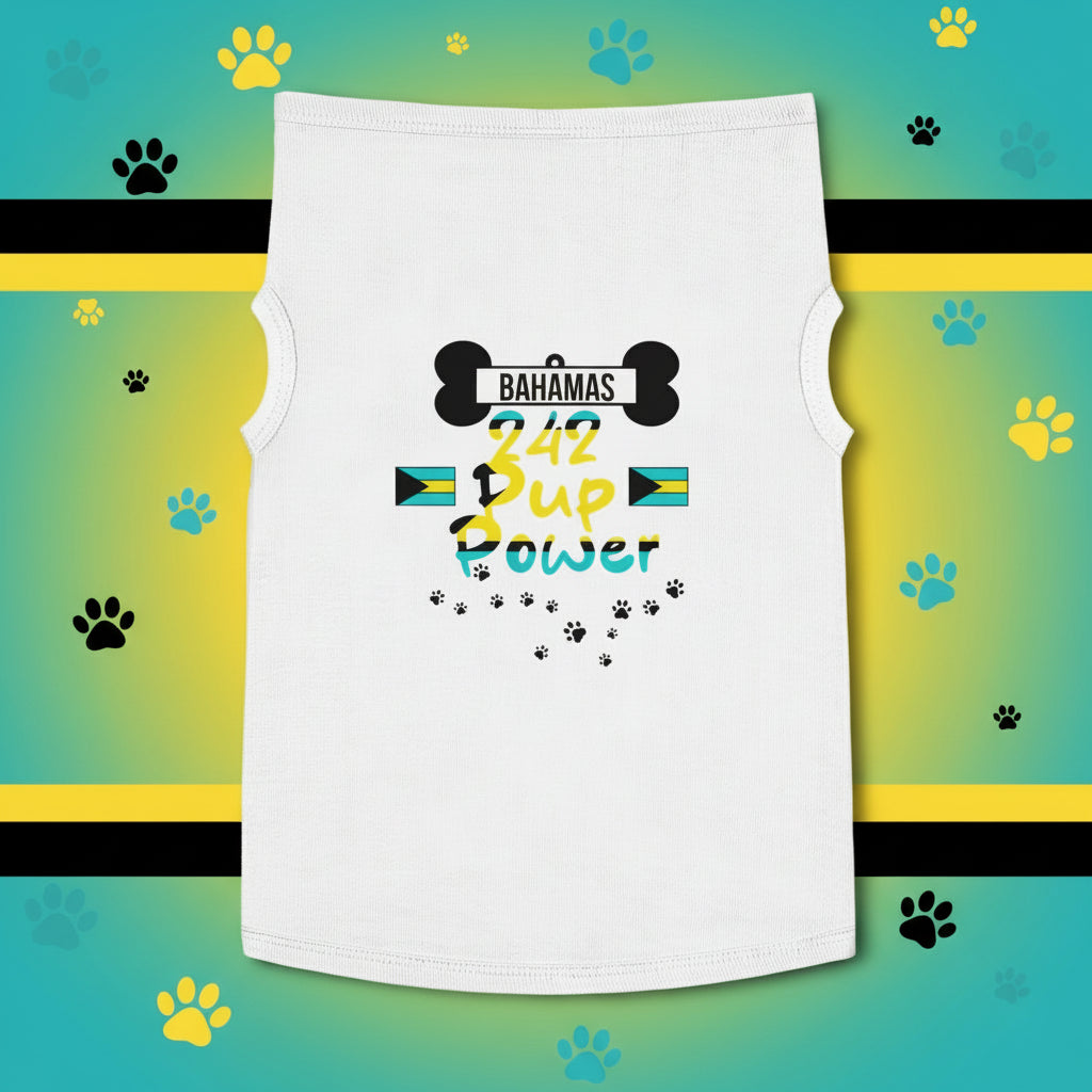 White sleeveless shirt with 'Bahamas 242 Up Power' text and graphics on a white background