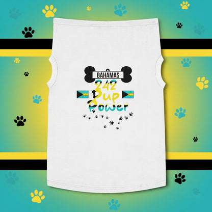 White sleeveless shirt with 'Bahamas 242 Up Power' text and graphics on a white background