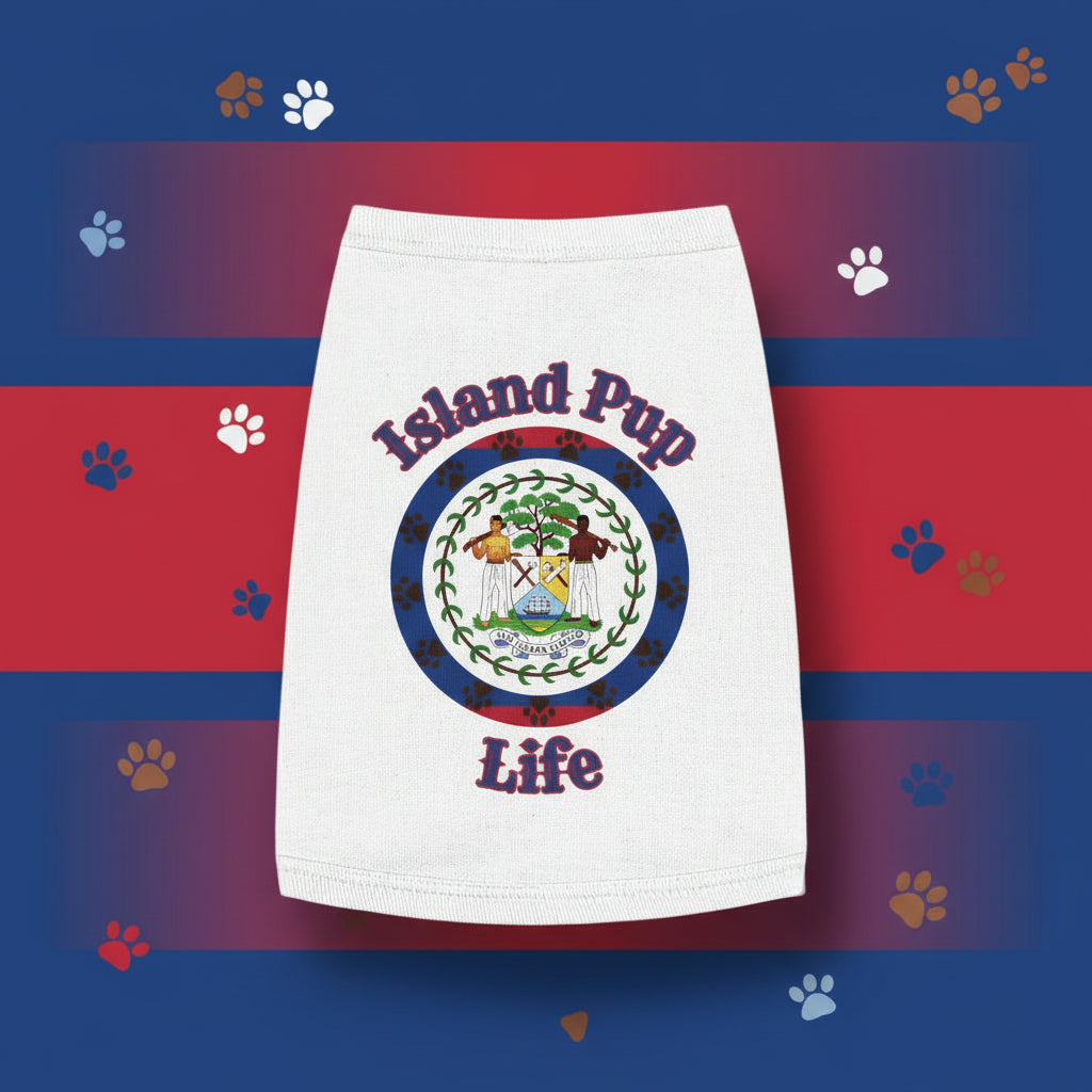 White towel with 'Island Pup Life' text and logo against a tropical background