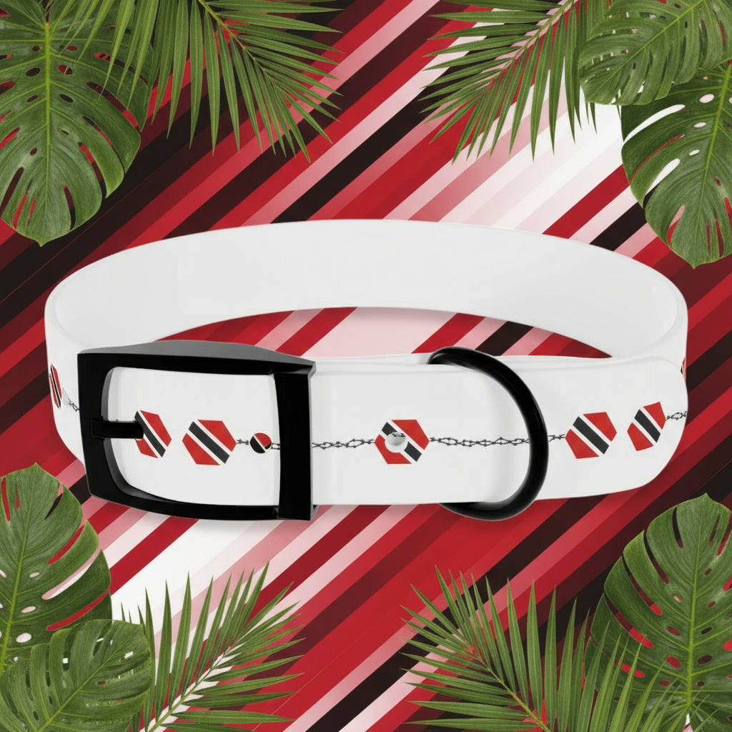 White dog collar with black buckle and red and black pattern on a white background