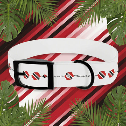 White dog collar with black buckle and red and black pattern on a white background