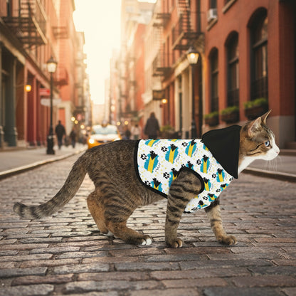 Cat wearing a patterned sweater on a white background