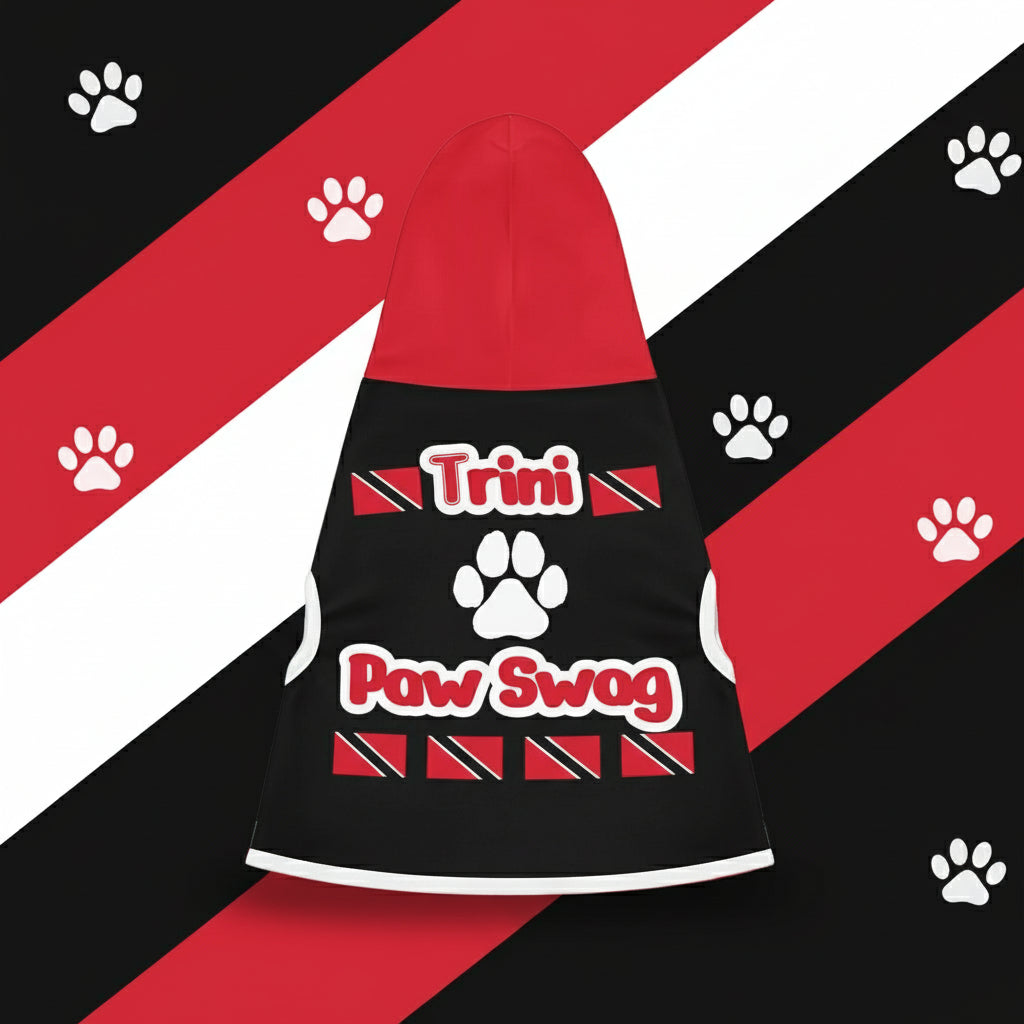 Black pet dress with red hood and 'Trini Paw Swag' text on a white background