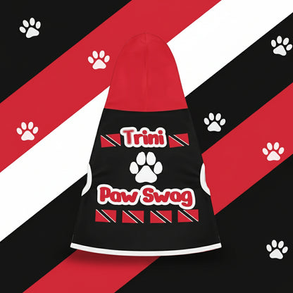 Black pet dress with red hood and 'Trini Paw Swag' text on a white background