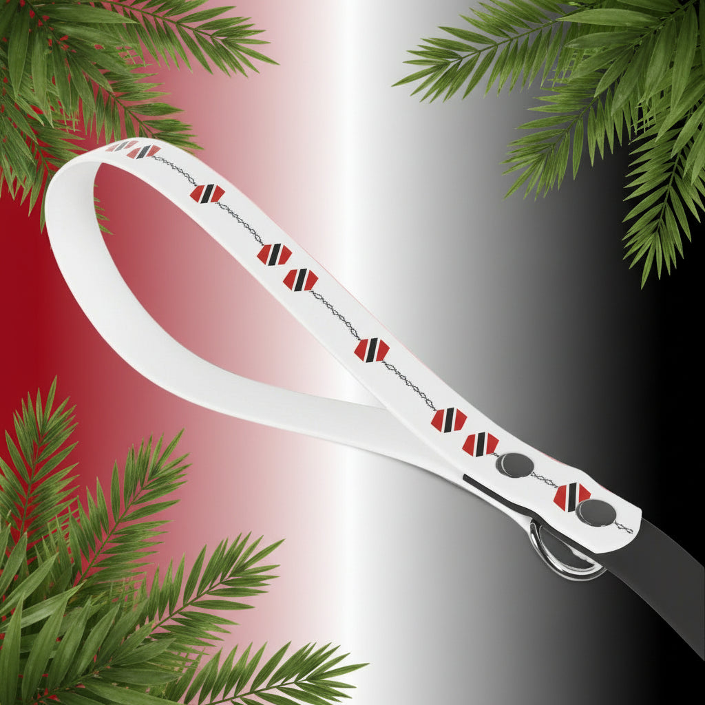 White dog leash with red and black pattern on a white background