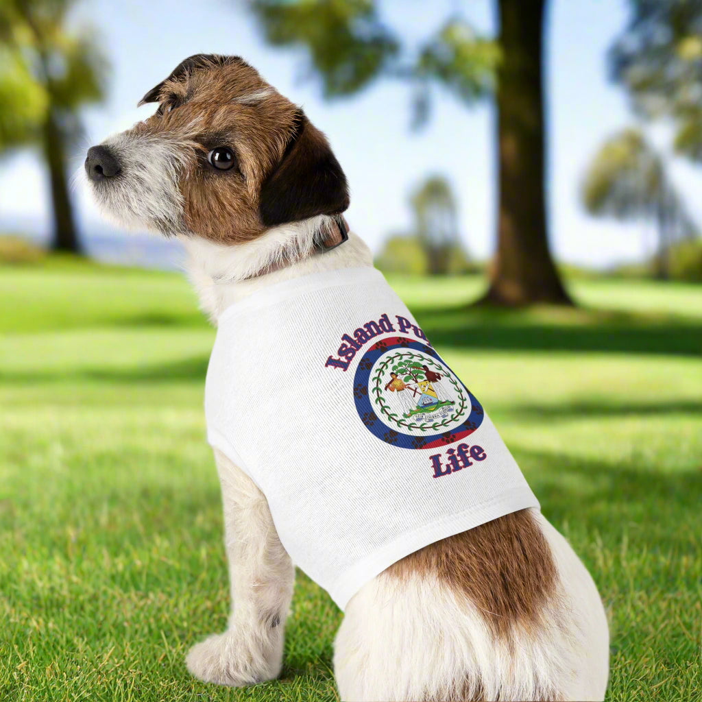 Dog wearing a white t-shirt with a logo and text on a white background