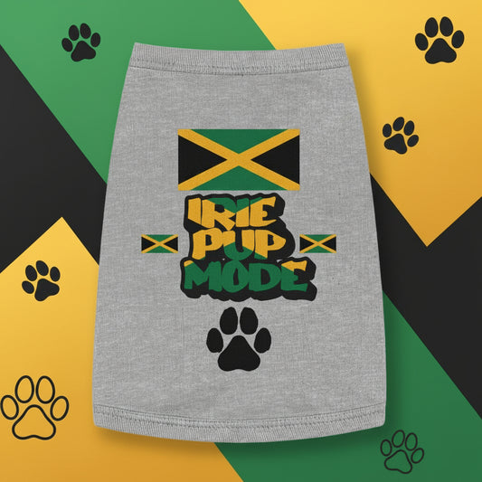 Gray pet dress with Jamaican flag and 'Irie Pup Mode' text on a white background