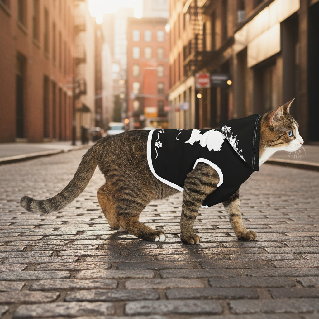 Cat wearing a black hoodie with white floral design on a white background