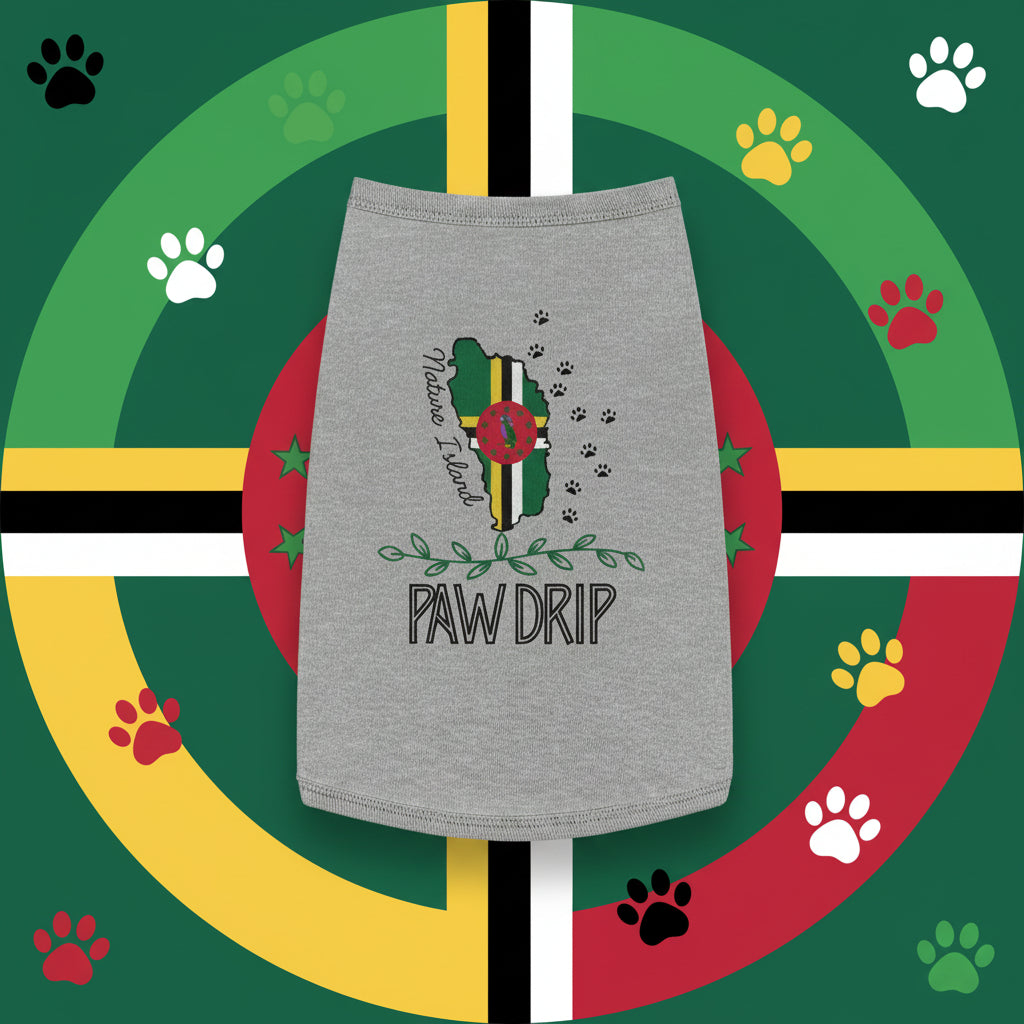 Gray towel with a map of Jamaica design and 'Paw Drip' text on a leafy background