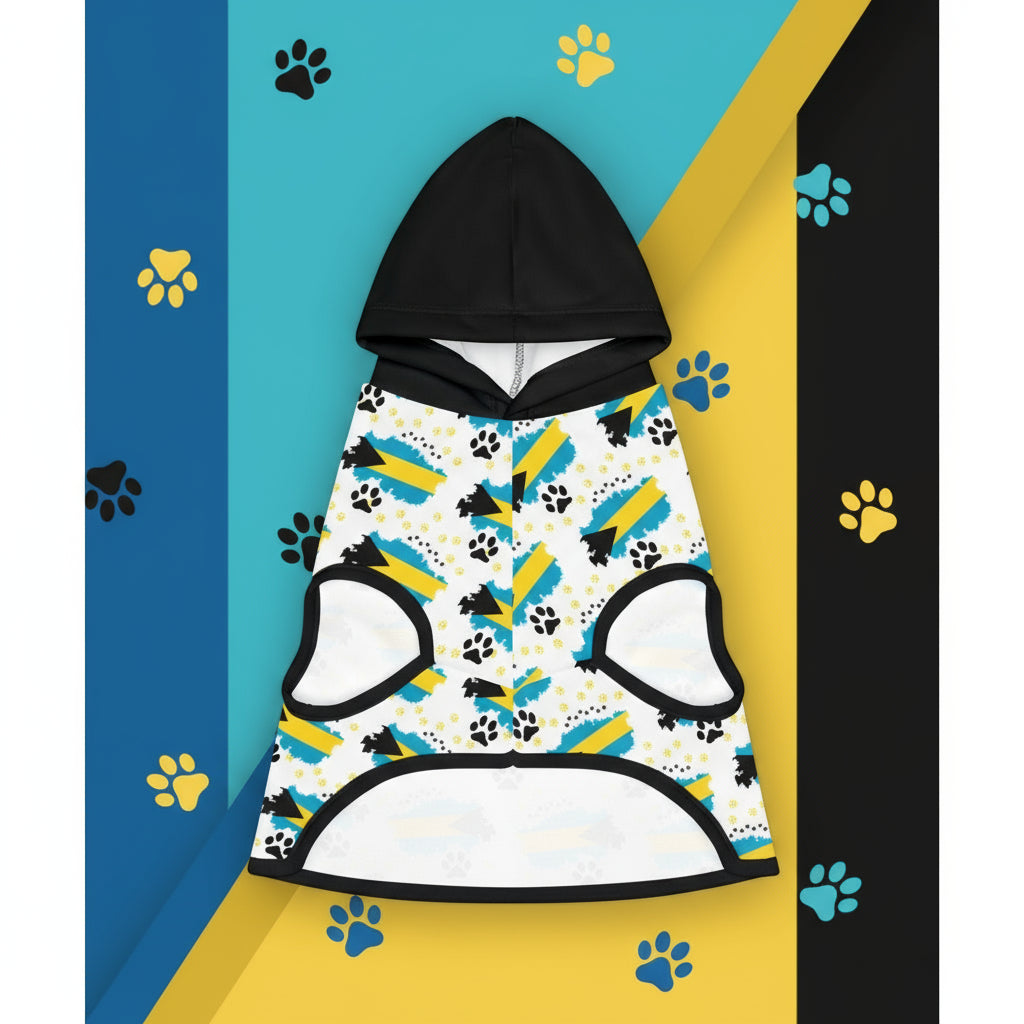 Dog hoodie with paw print pattern on a white background