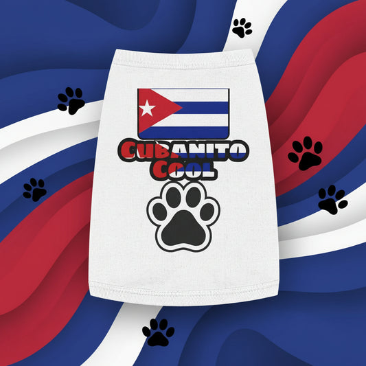 A dog wearing a white tank top with a Cuban flag and text design.