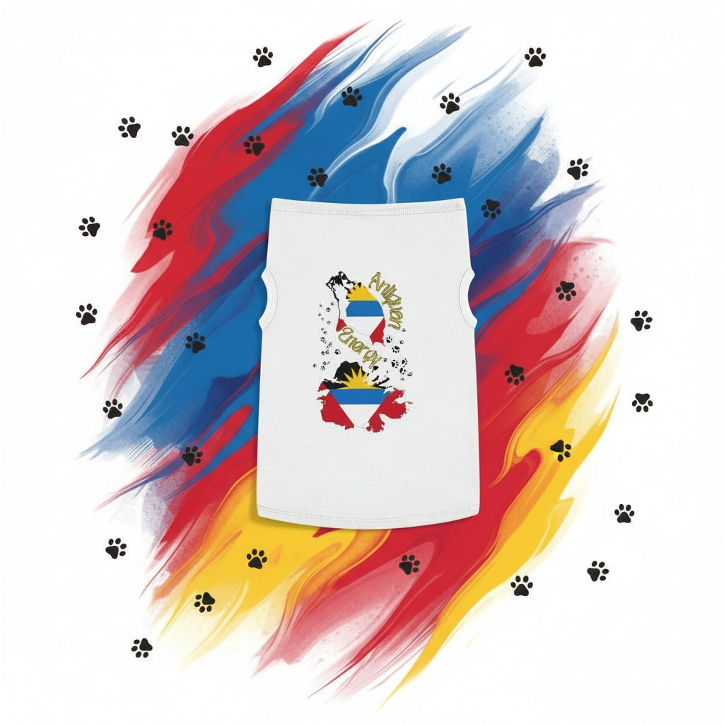 White tank top with colorful design on a white background surrounded by green leaves