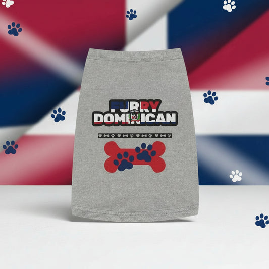 A dog wearing a gray tank top with 'Furry Dominican Pet' text and a small flag graphic on the back.
