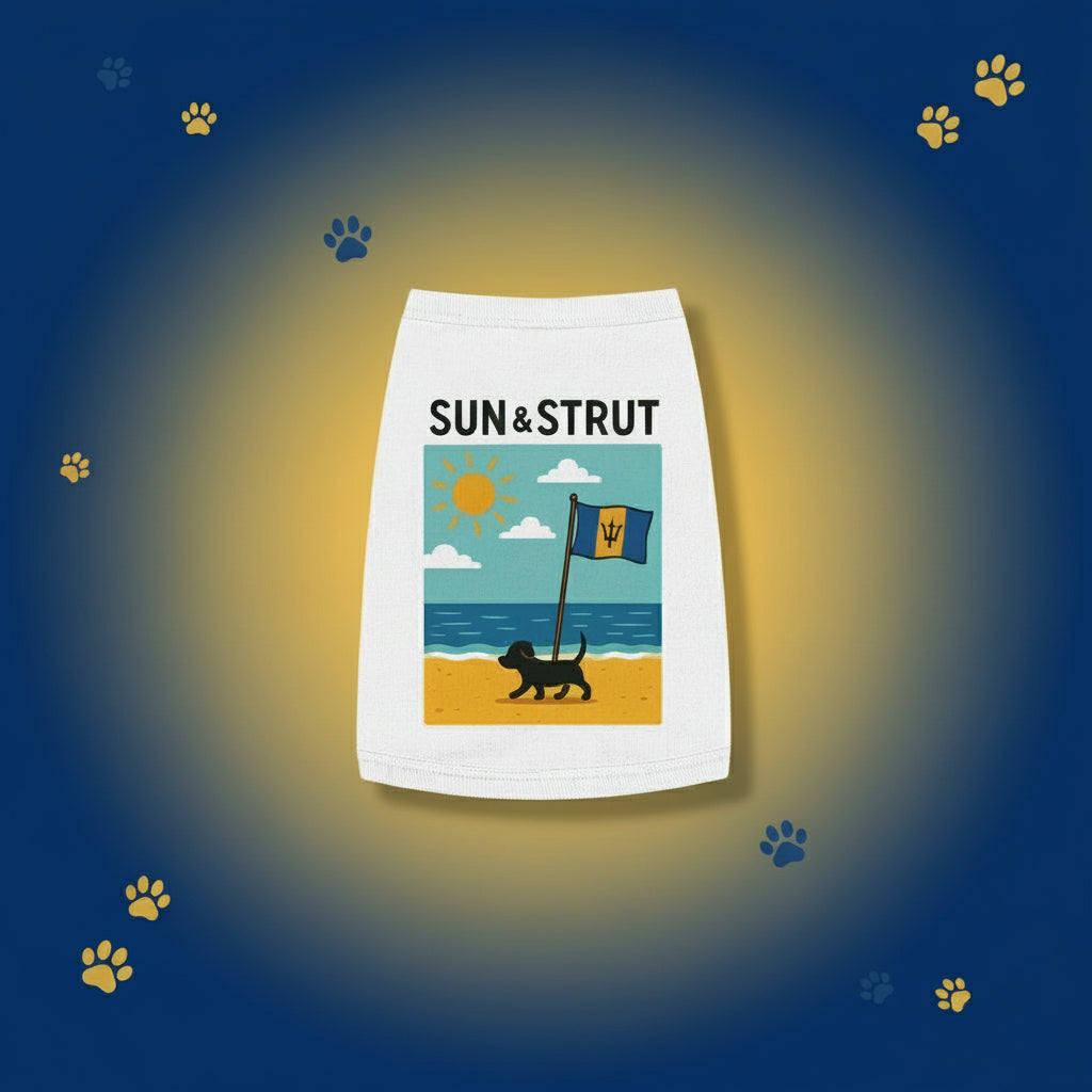 White skirt with a beach-themed design and 'Sun & Strut' text on a white background