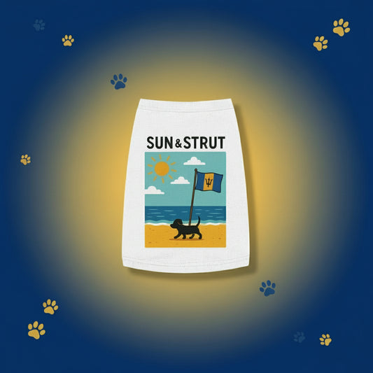 White skirt with a beach-themed design and 'Sun & Strut' text on a white background