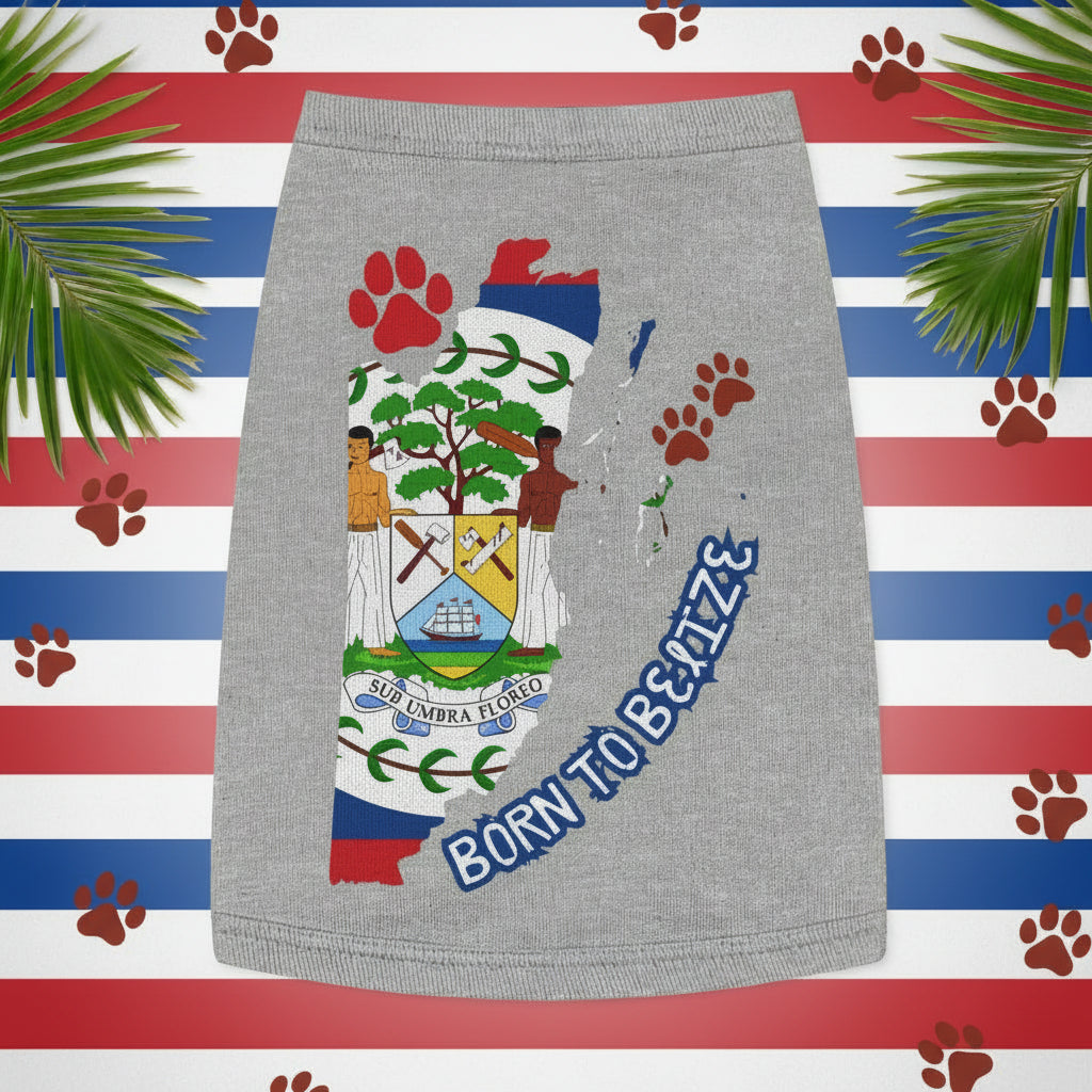 Gray skirt with Belizean flag design and 'Born to Belize' text on a beige background with green leaves.