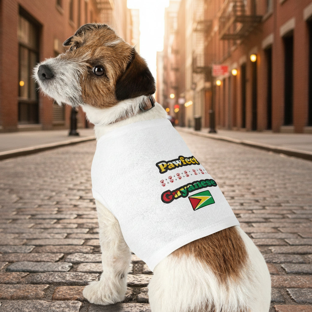 Dog wearing a white t-shirt with colorful text and a flag design on a white background