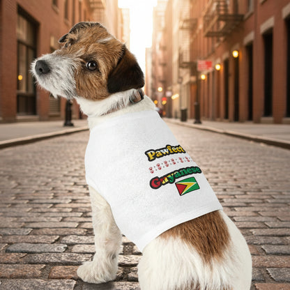Dog wearing a white t-shirt with colorful text and a flag design on a white background