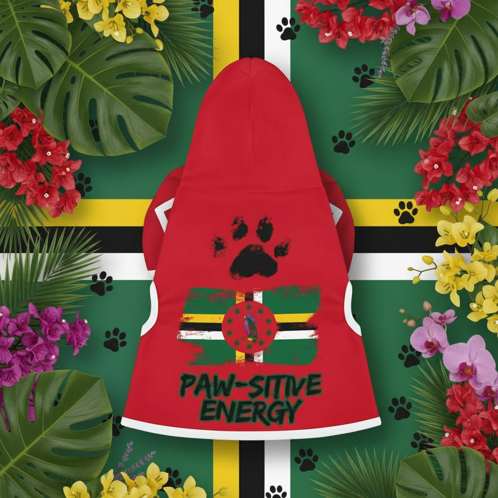 Red pet hoodie with paw print and 'Paw-sitive Energy' text on a white background