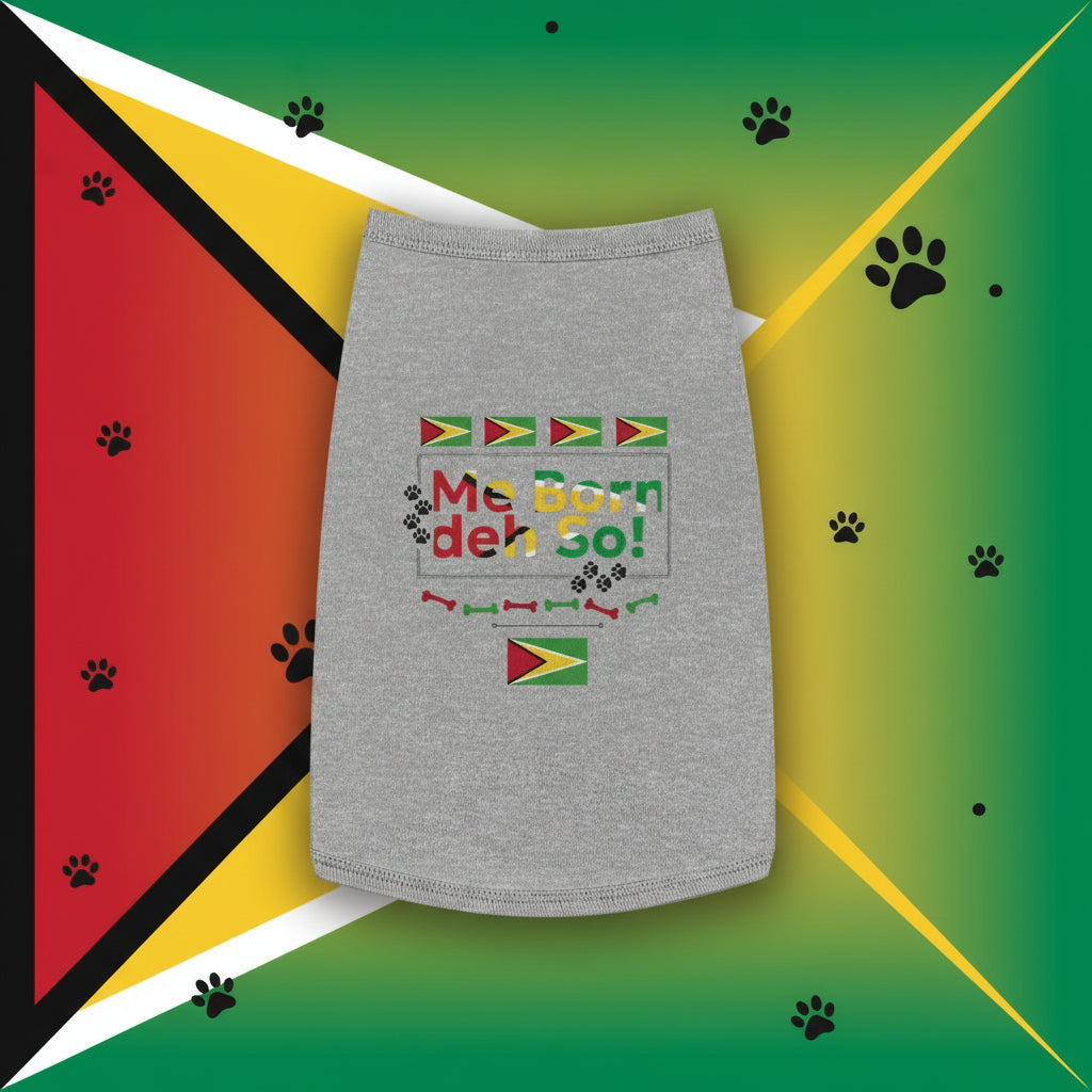 Gray pet dress with text and flags on a white background