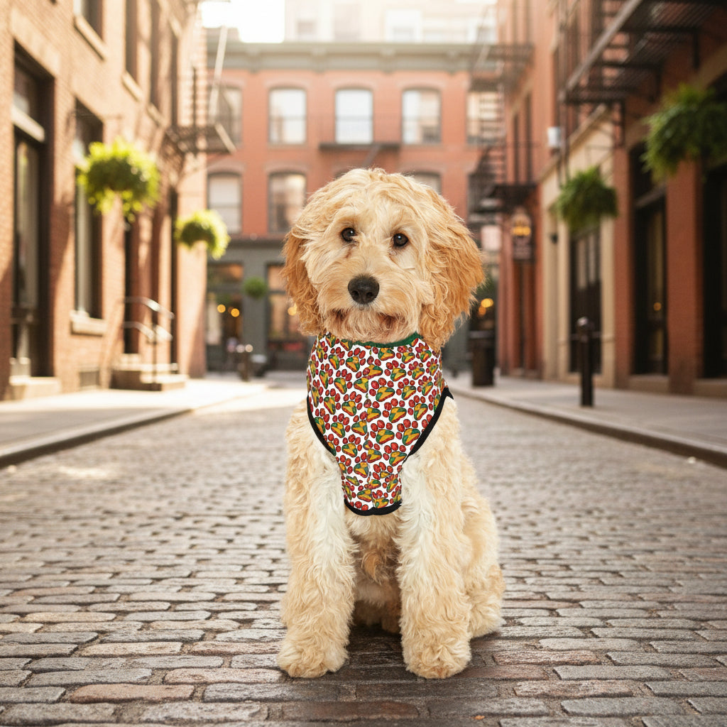 Dog wearing a colorful bandana on a white background