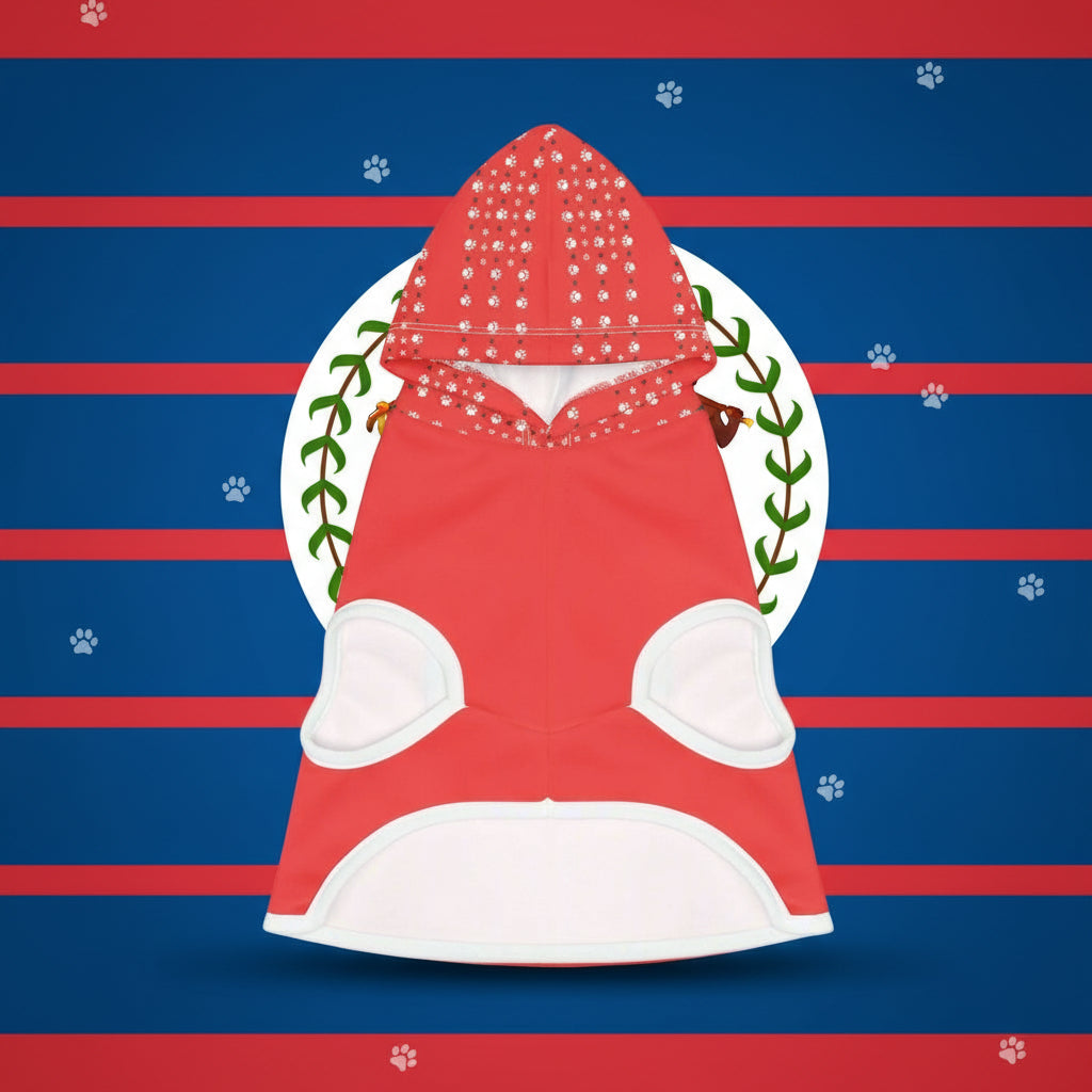 Red and white dog hoodie with patterned hood on a gray background