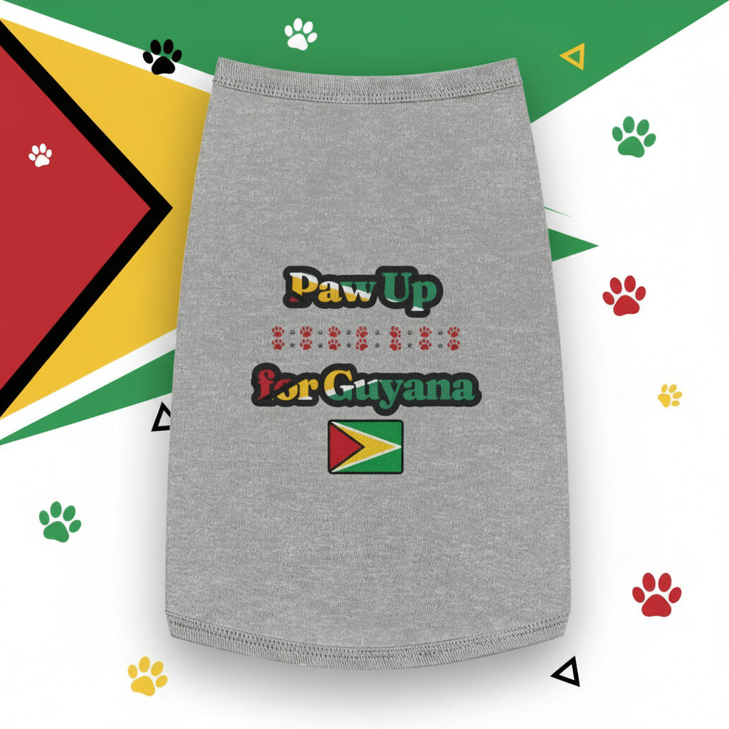 Gray sleeveless shirt with 'Paw Up for Guyana' text and flag design on a white background