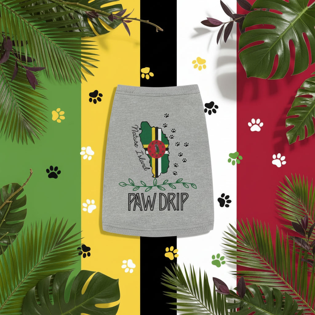 Gray dog sweater with a colorful design and text, surrounded by green leaves on a white background