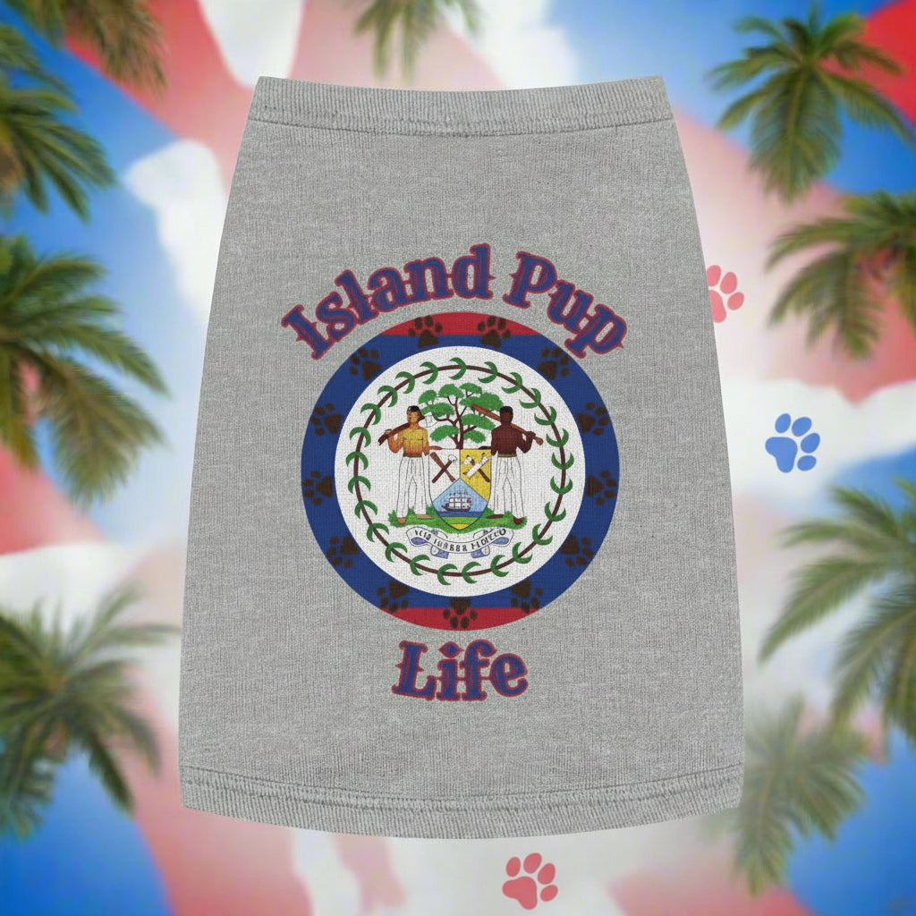Gray towel with 'Island Pup Life' text and design on a tropical background