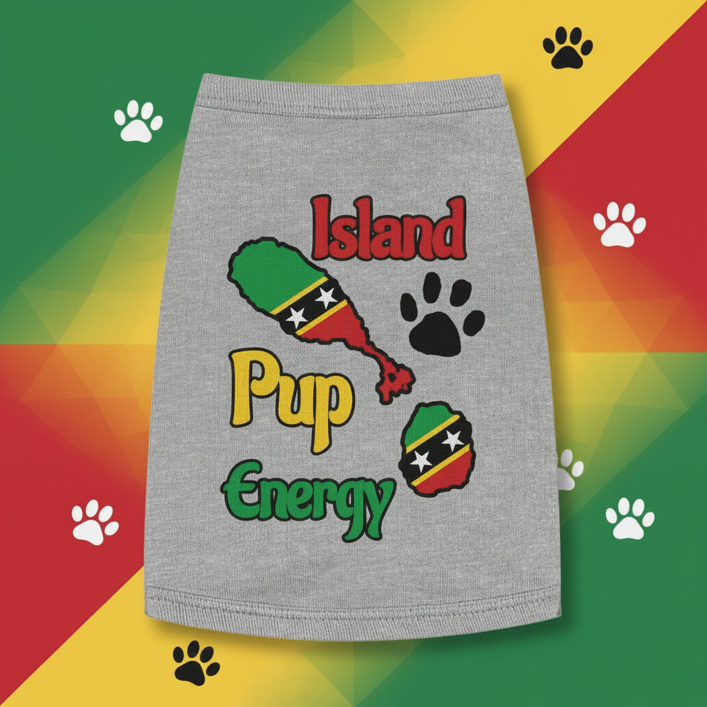 Gray pet sweater with colorful text and graphics on a white background