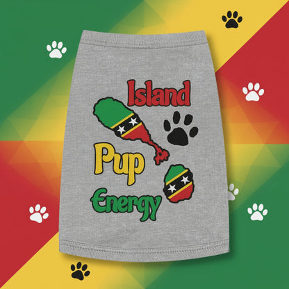 Gray pet sweater with colorful text and graphics on a white background