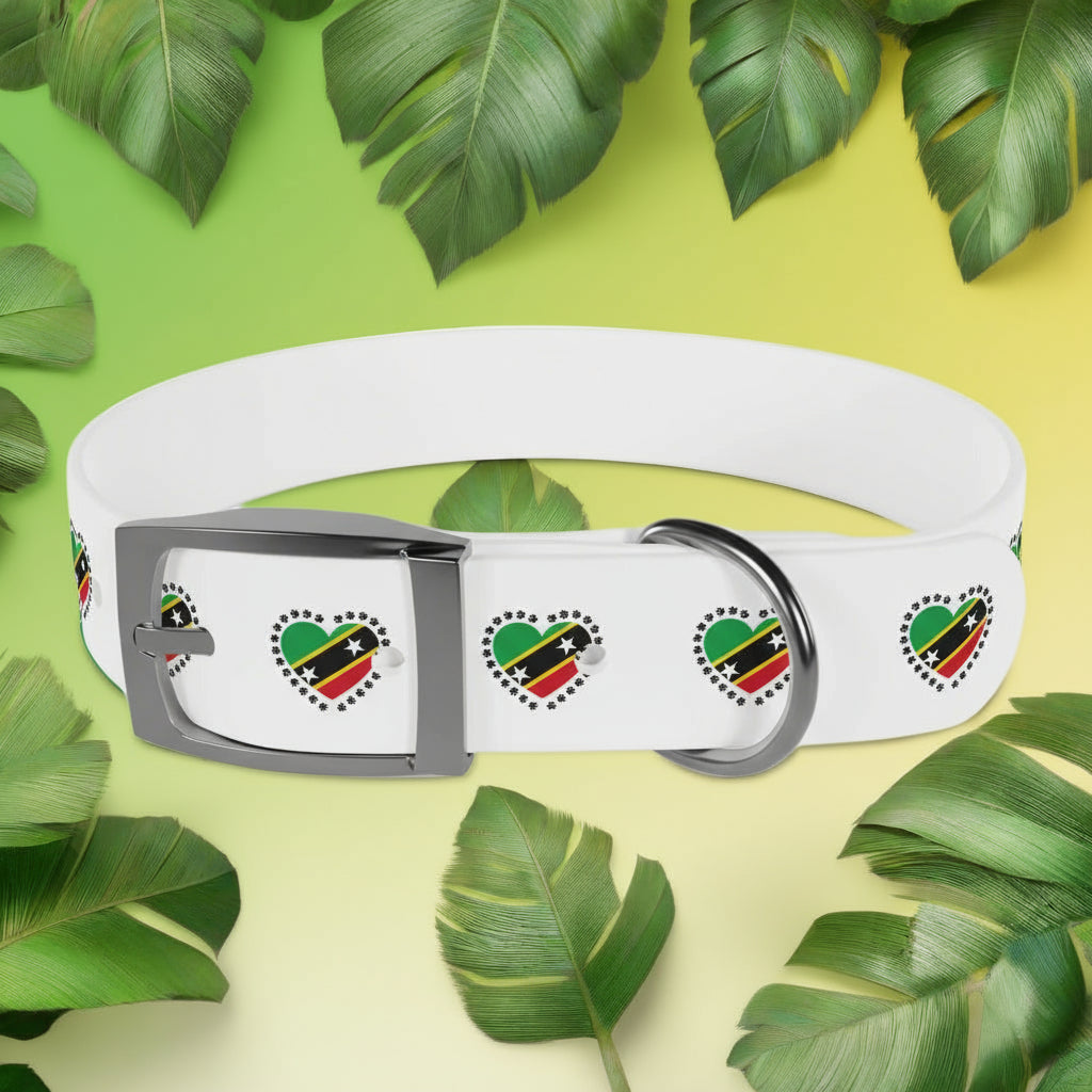 White dog collar with heart-shaped designs featuring the flag of Saint Kitts and Nevis on a white background.