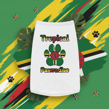 White towel with 'Tropical Pawradise' design on a background of green leaves and purple flowers