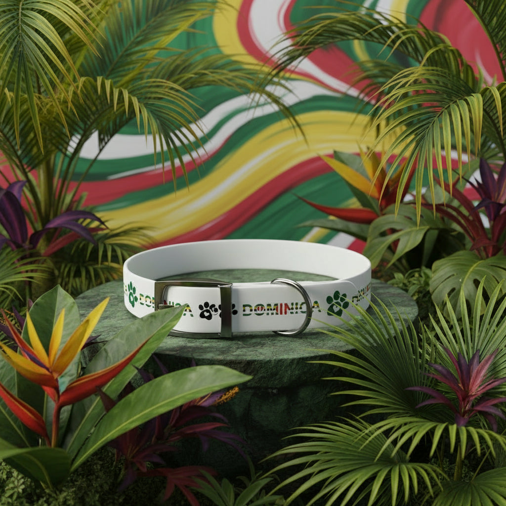 White dog collar with green paw prints and 'DOMINICA' text on a white background