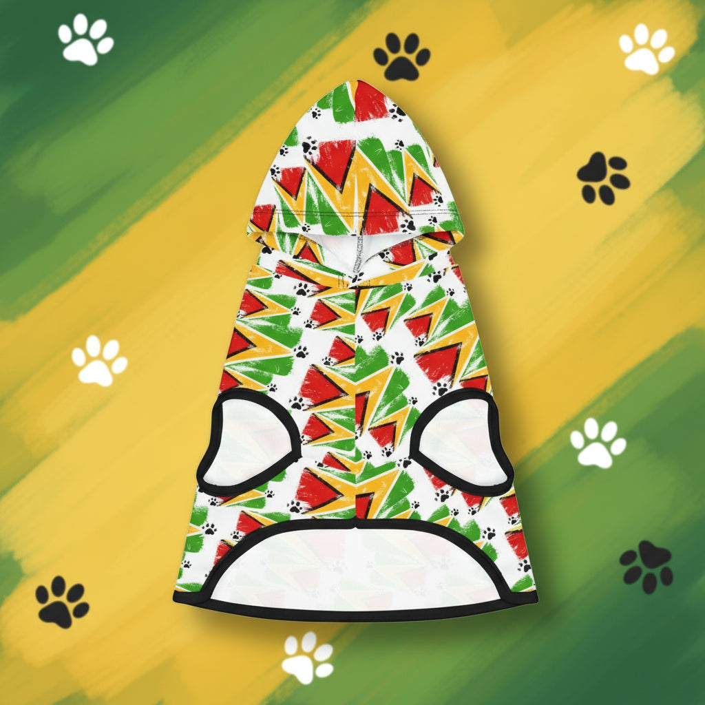 Colorful geometric patterned dog coat on a white background