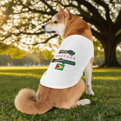 Dog wearing a white t-shirt with text and a flag on a white background