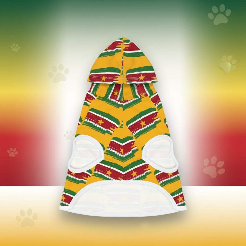 Colorful striped hoodie with a tropical background featuring palm trees and leaves.