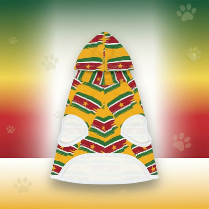 Colorful striped hoodie with a tropical background featuring palm trees and leaves.